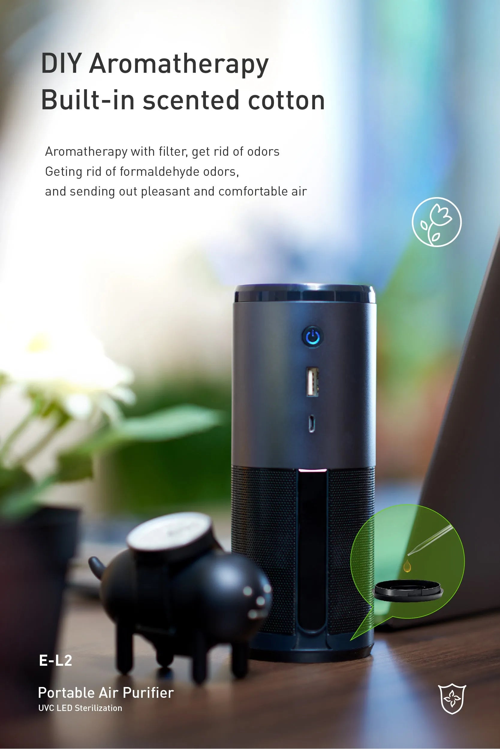 Black portable mini car air purifier with USB charging port on a metal body.