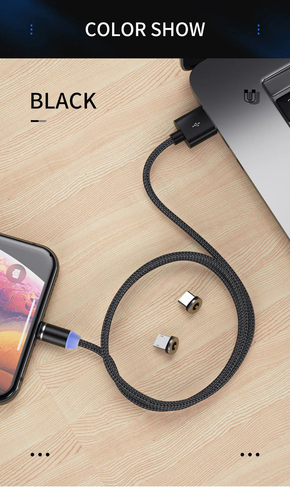 Magnetic USB charging cable with LED indicator showing black and red colour options
