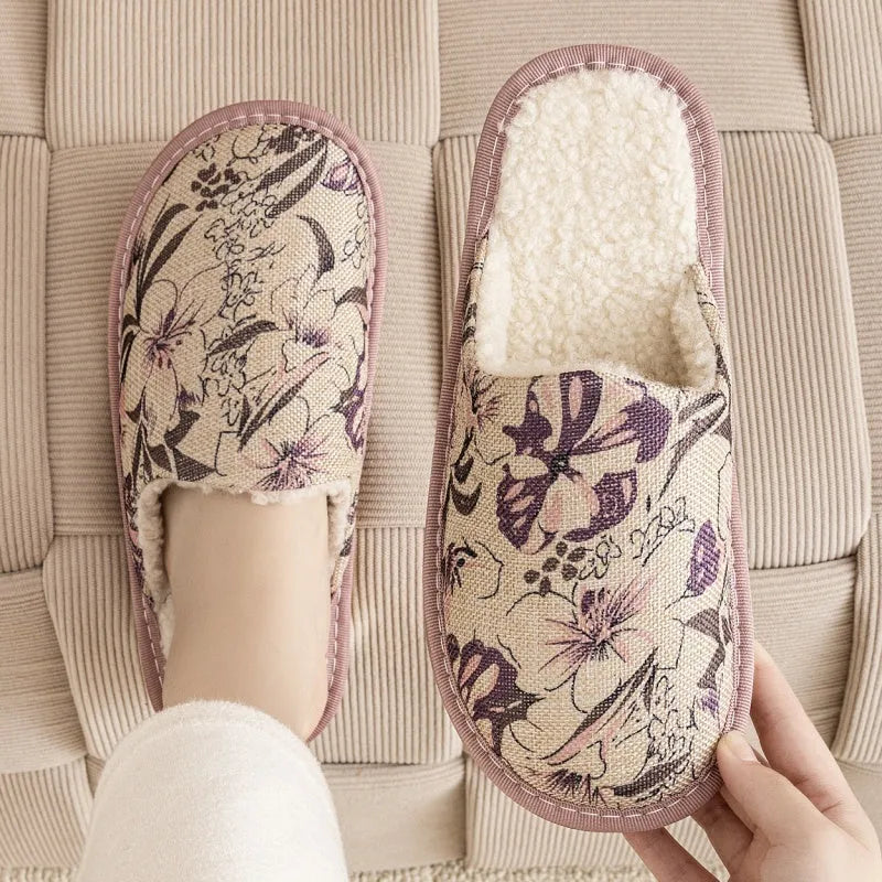 Household cotton slippers with linen surface in floral pattern colours and PVC sole