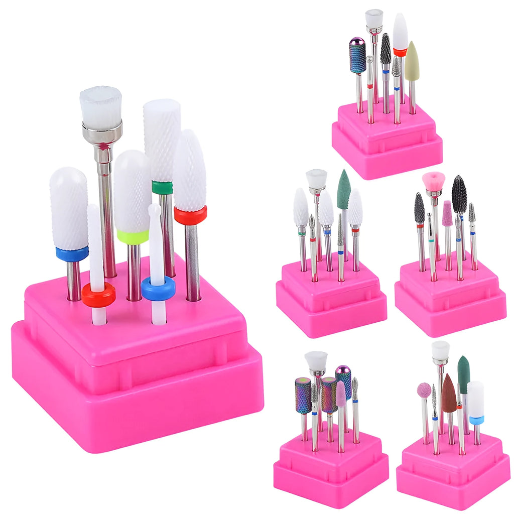 Set of seven tungsten steel nail drill bits and a brush in a clear plastic case.