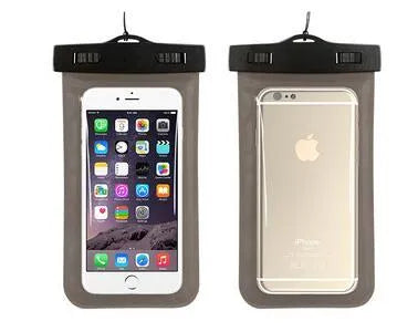 AQUA-ONE transparent waterproof phone pouch in assorted colours, showing phone inside.