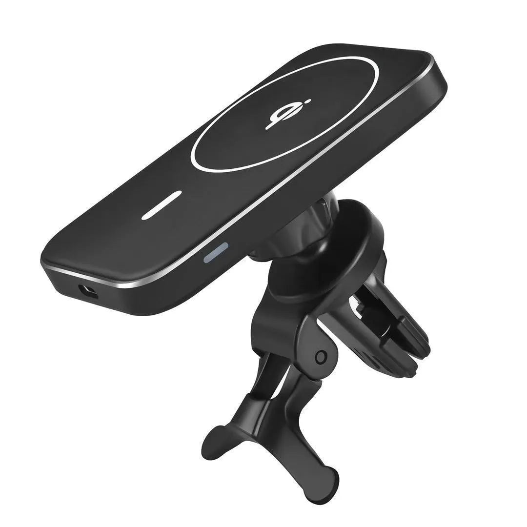 Black M6 magnetic wireless car charger mounted on vehicle air vent with phone attached