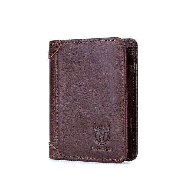 Men's brown leather casual wallet open showing card slots, bill holder and secret compartment.