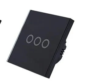 Single-gang tempered glass touch light switch in black, shown front-on.