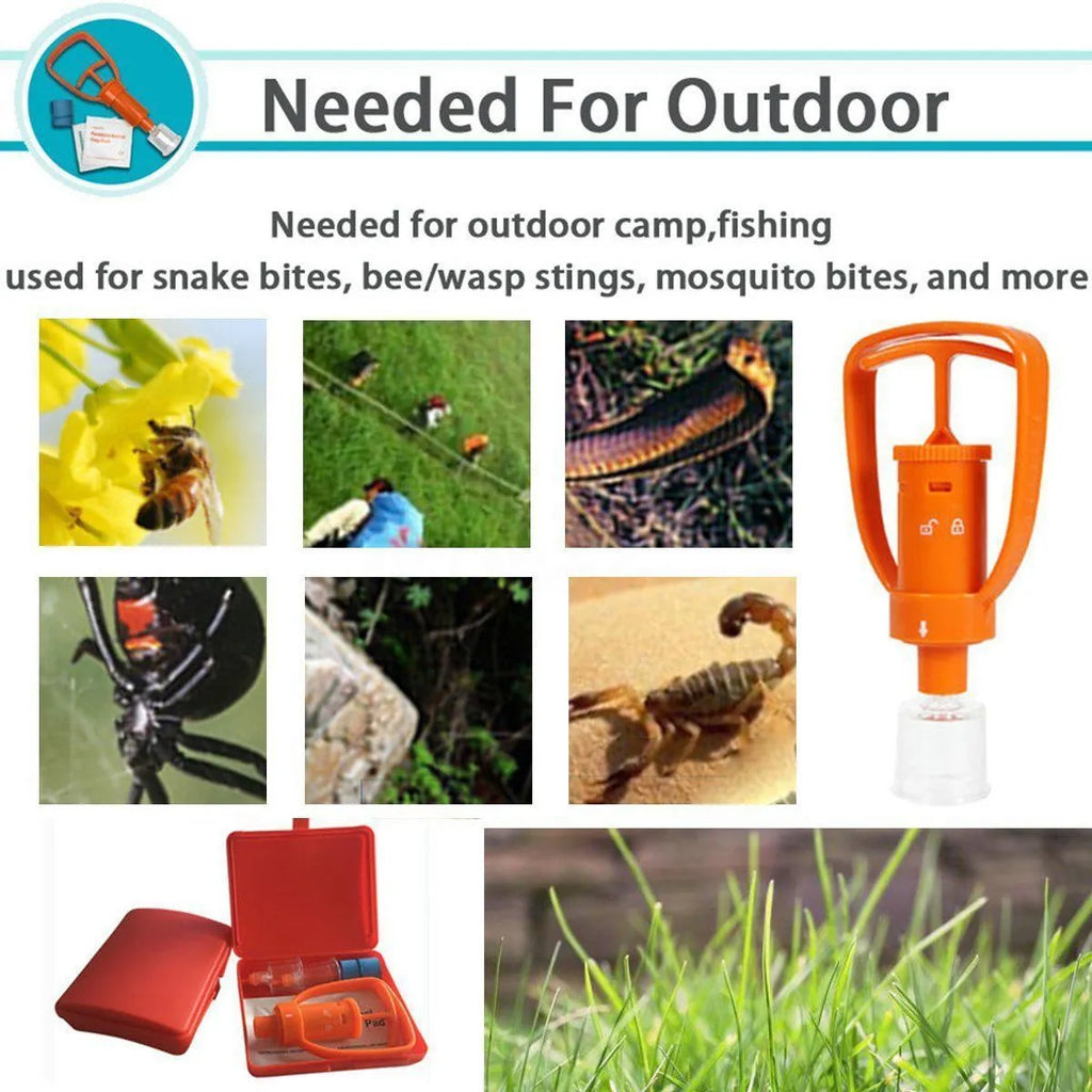Orange portable venom extractor suction device with two cup sizes, pump, tourniquet and swabs in a storage box.