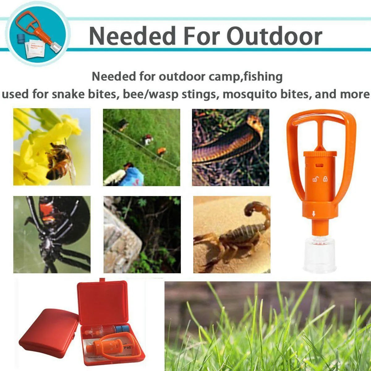 Orange portable venom extractor suction device with two cup sizes, pump, tourniquet and swabs in a storage box.