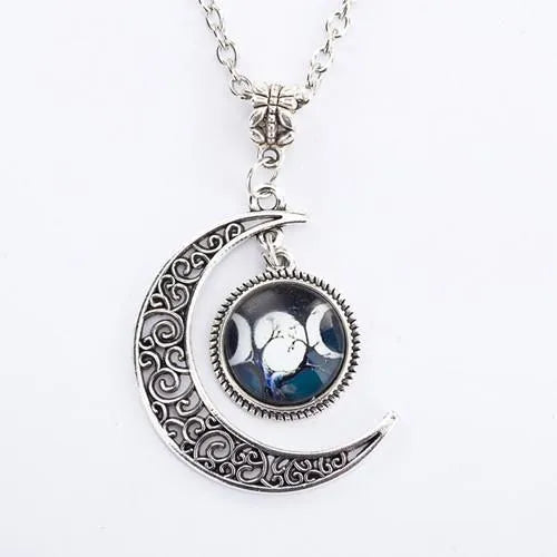 Triple Moon Goddess pendant necklace with alloy frame and glass centre on 50cm chain in colour option