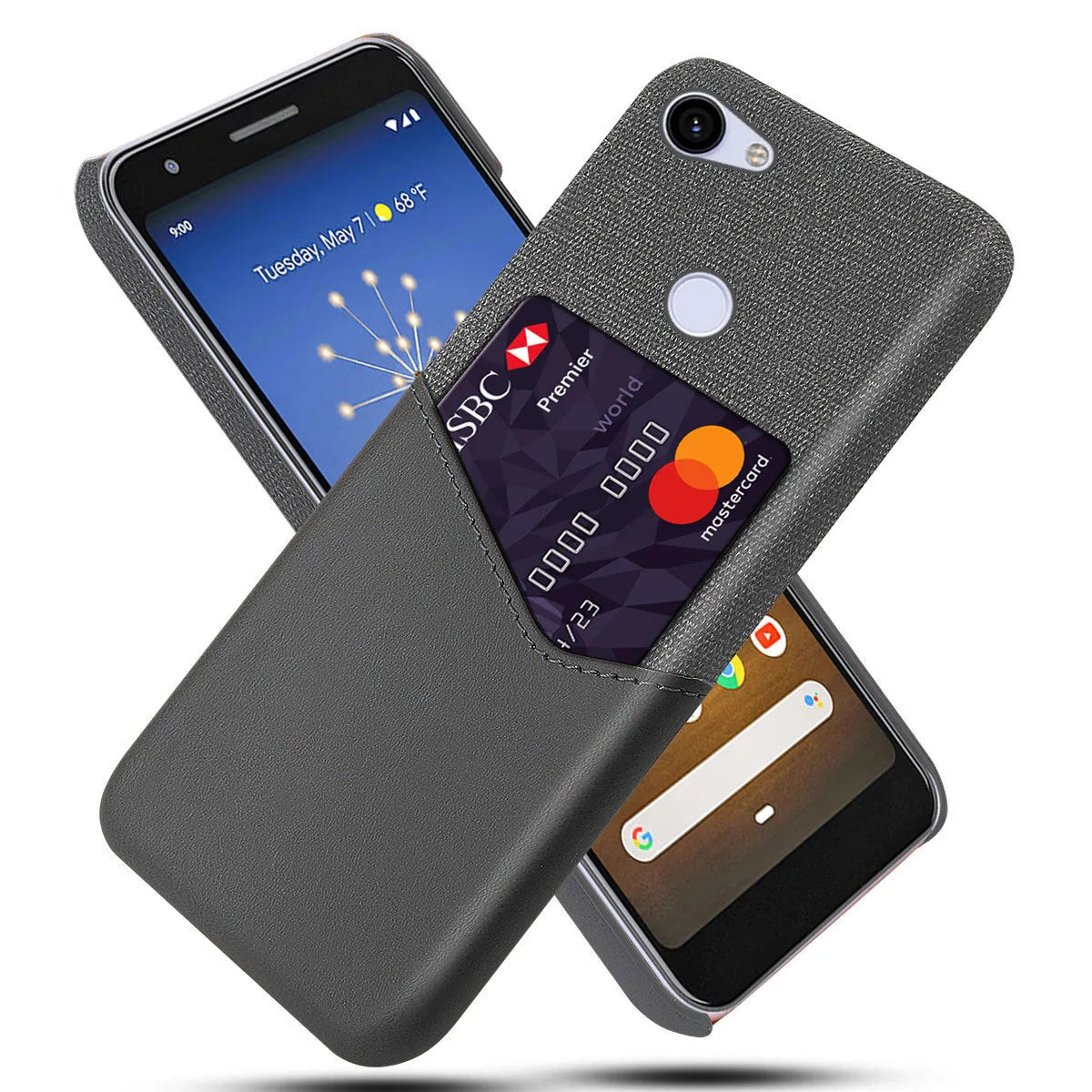 Black leather Google Pixel phone case back cover on a table.