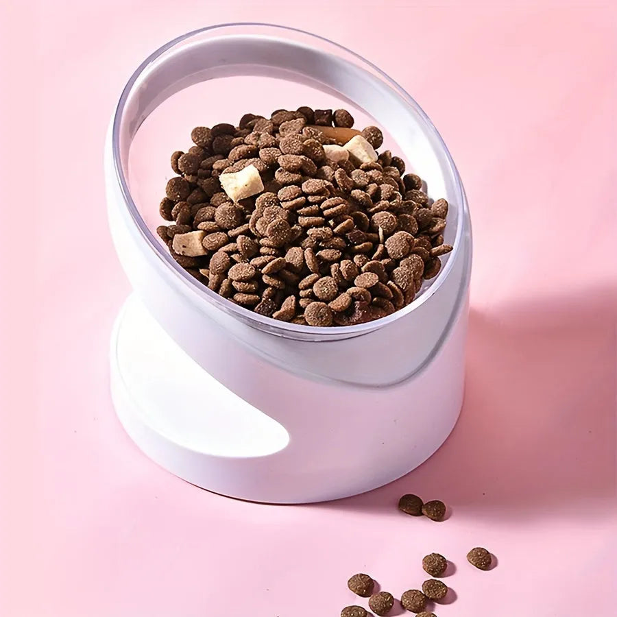 White clear plastic tilted ergonomic cat food bowl for dry and wet food.