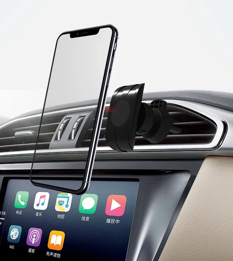 Glossy black car phone holder with air vent clip mount and adjustable smartphone cradle