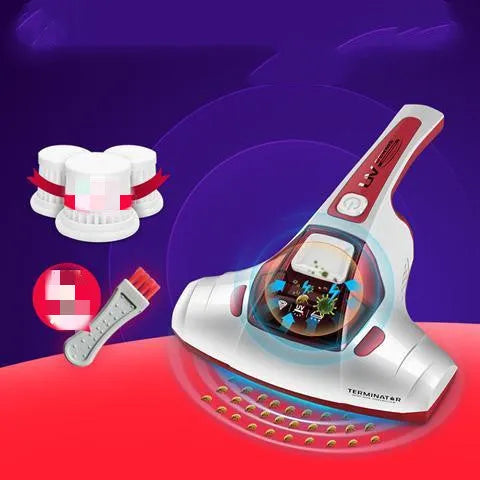 Pink handheld mite vacuum cleaner with nozzle on a mattress.