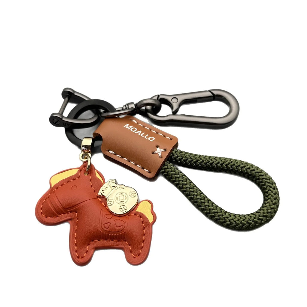 Handmade cowhide leather car key pendant with zinc alloy pony buckle and coloured flanelle rope