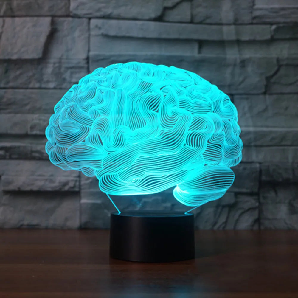 3D acrylic brain sculpture LED desk lamp with colour-changing lights on a black ABS base.