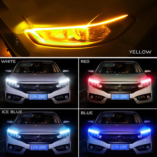 Car LED daytime running light strip with flowing turn signal function in silicone waterproof housing
