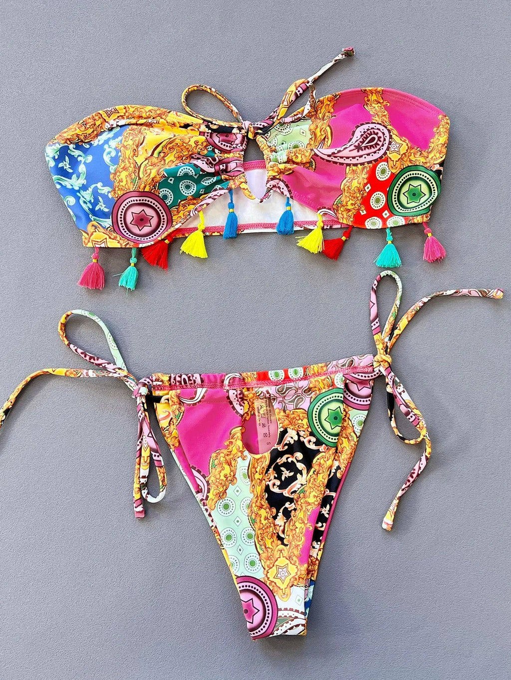 Women's printed polyester tube top bikini set with briefs for swimming sports