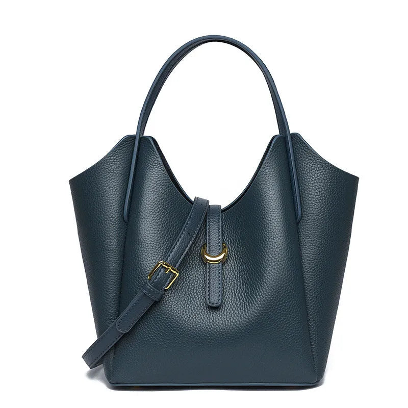 Genuine leather women's bucket bag in European retro style with hand holding strap