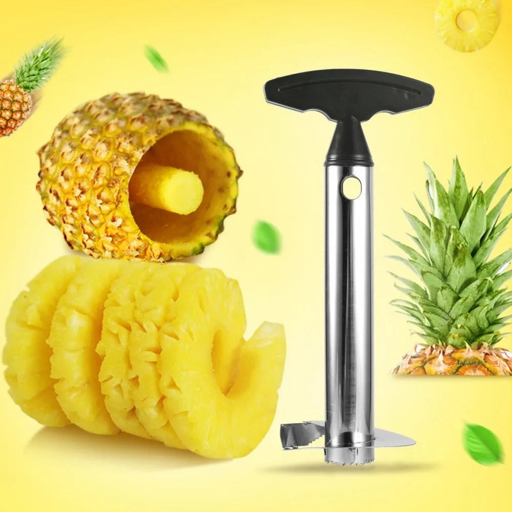 Stainless steel pineapple peeler with black handle and coring blade, 83.7 mm width, shown on white background