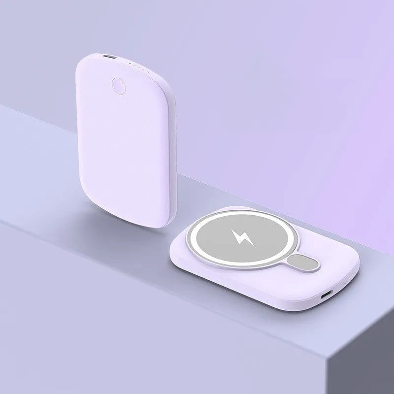 MagSafe magnetic wireless power bank in Barbie Pink colour with plastic casing showing dimensions