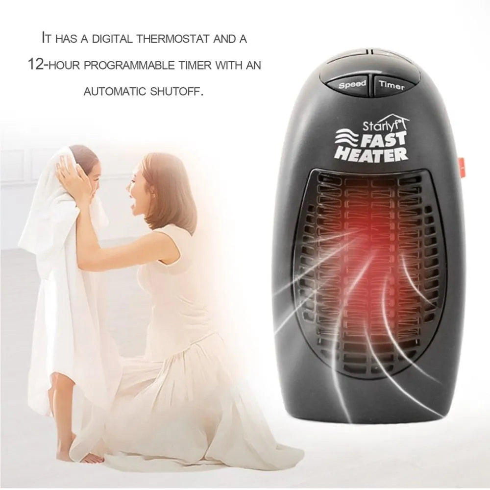 Black mini ceramic electric heater with digital display and rotating plug on white background