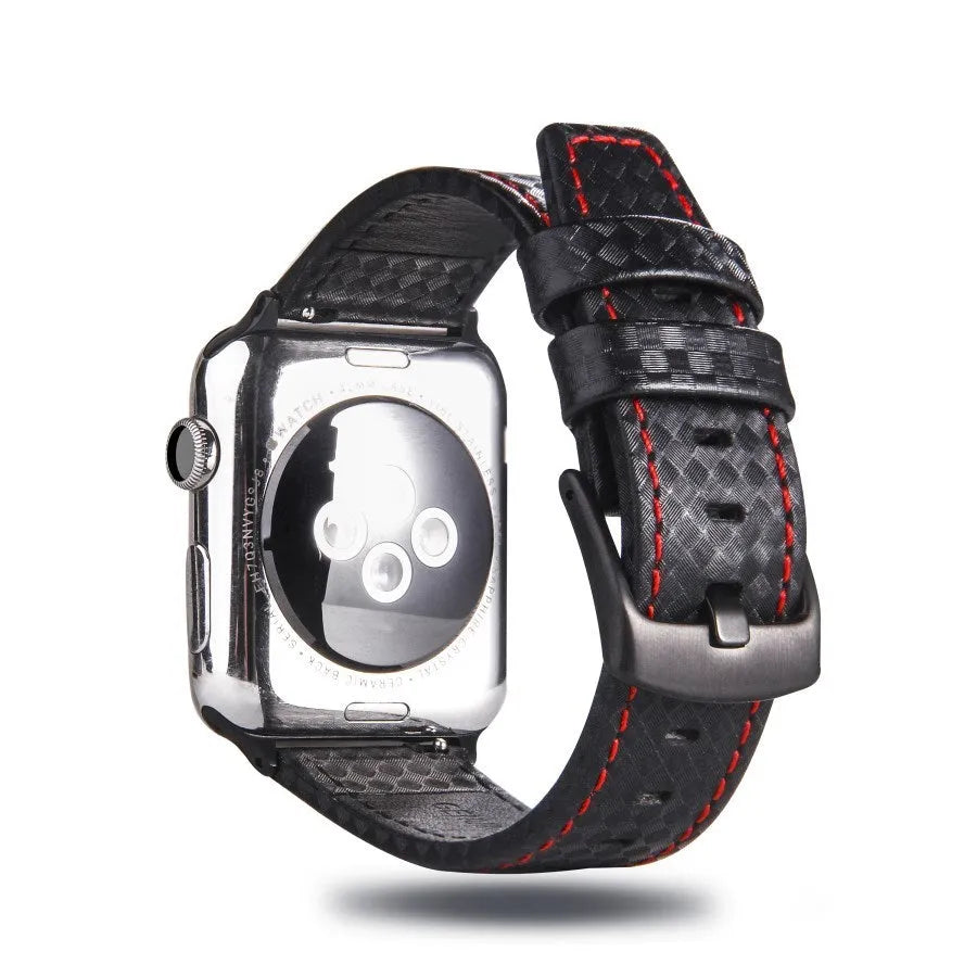 Carbon fibre leather Apple Watch strap showing red, black, orange, and blue line colour options