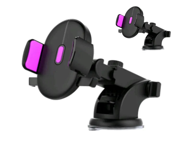 Yellow and black telescopic car phone holder with suction cup mount on textured dashboard