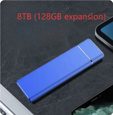 Sapphire blue metal portable solid state external hard drive with USB cable