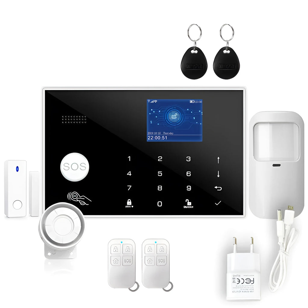 ER G30 model WiFi GSM household alarm host with touch button controls for 100 wireless security zones