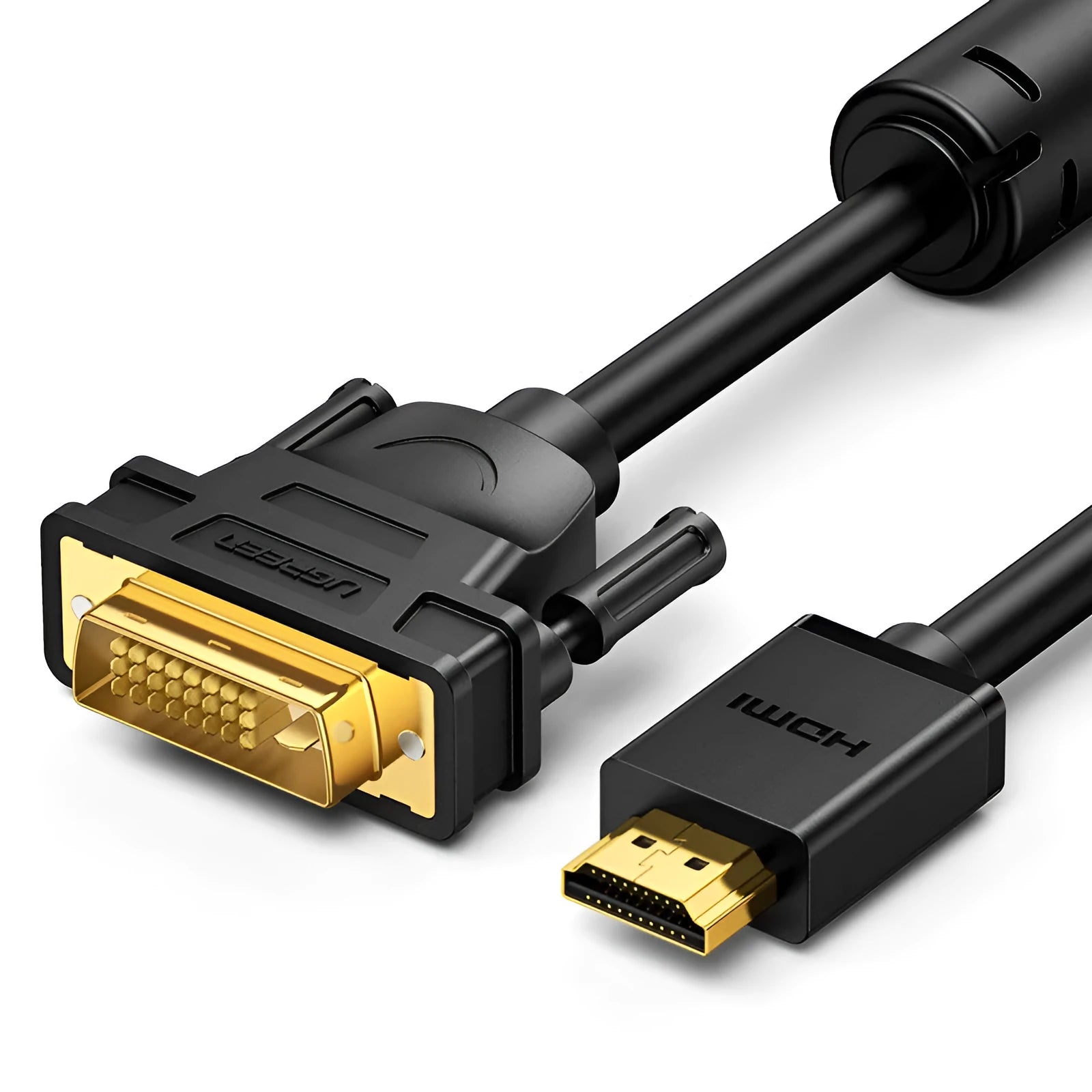 HDMI to HDMI cable adapter on a desk next to a laptop, showing length options from 1 to 3 metres.