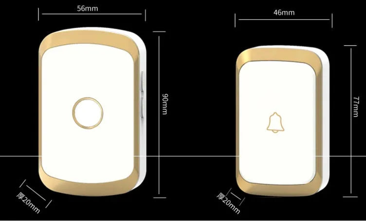 Wireless doorbell receiver and push button transmitter with colour options of black, white, silver, and gold.