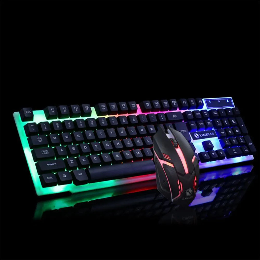 GTX300 black and white wired USB gaming keyboard and mouse set with backlit keys on desk