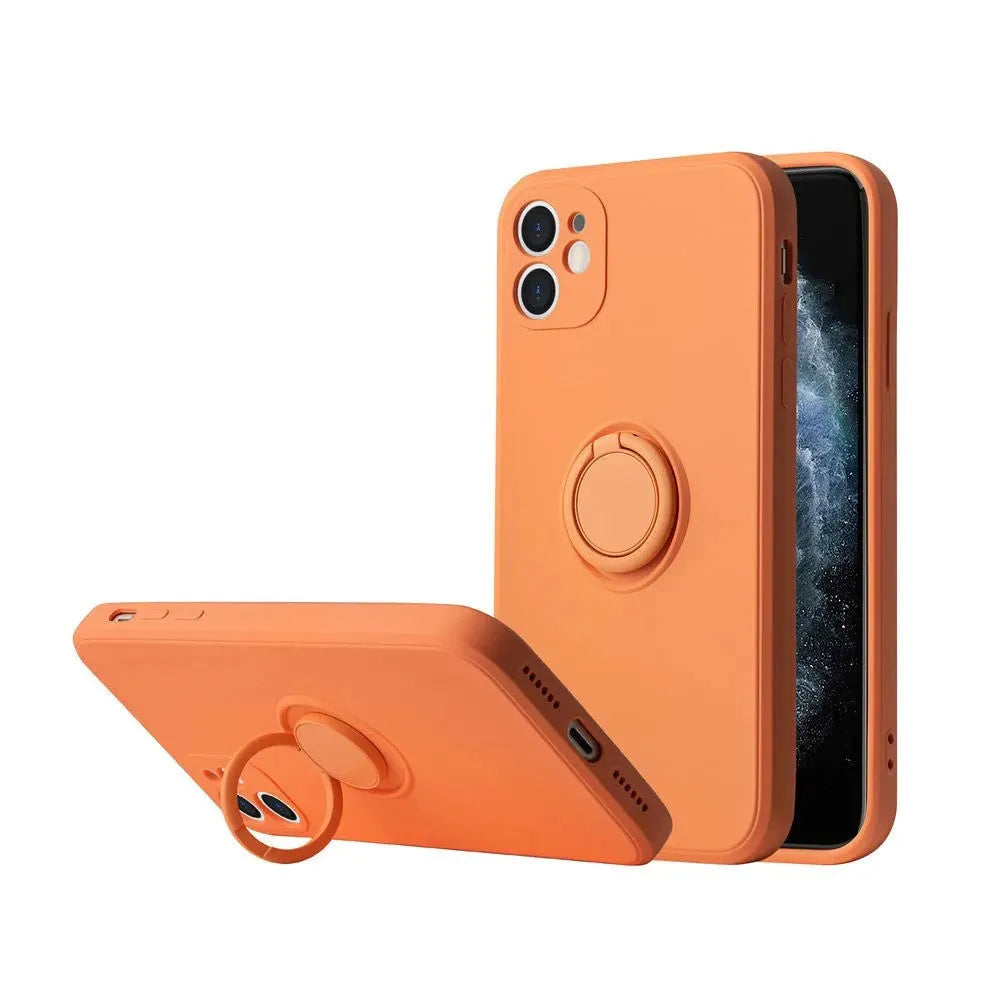 Liquid silicone iPhone 12 case with an integrated ring holder on the back, shown in a choice of colours.