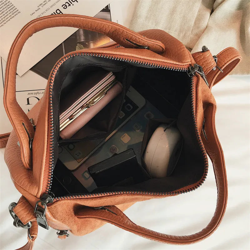 Soft PU leather women's tote shoulder bag in black, brown, or grey colour, showing large capacity and shoulder straps.