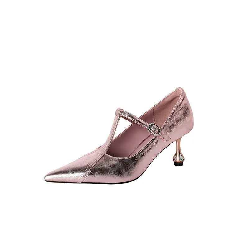Women's gun colour genuine leather high heel shoes with chunky block heel and pointed toe design