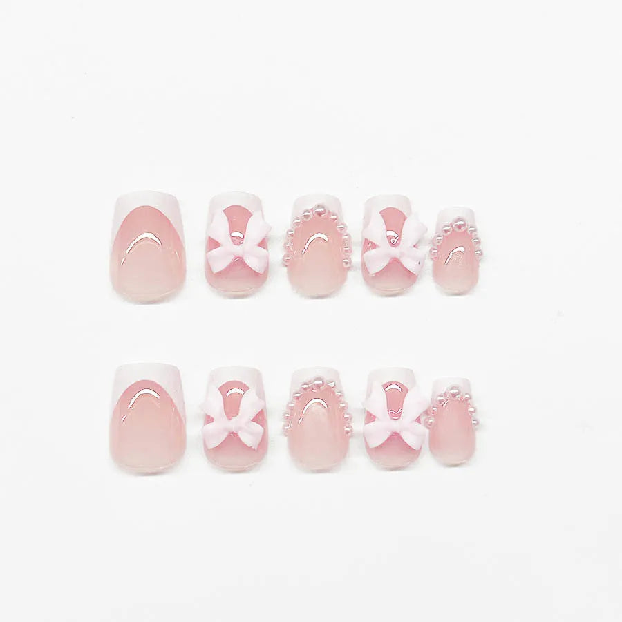 French manicure false nails with tulip, bow, starry sky and leopard print patterns in short square shape