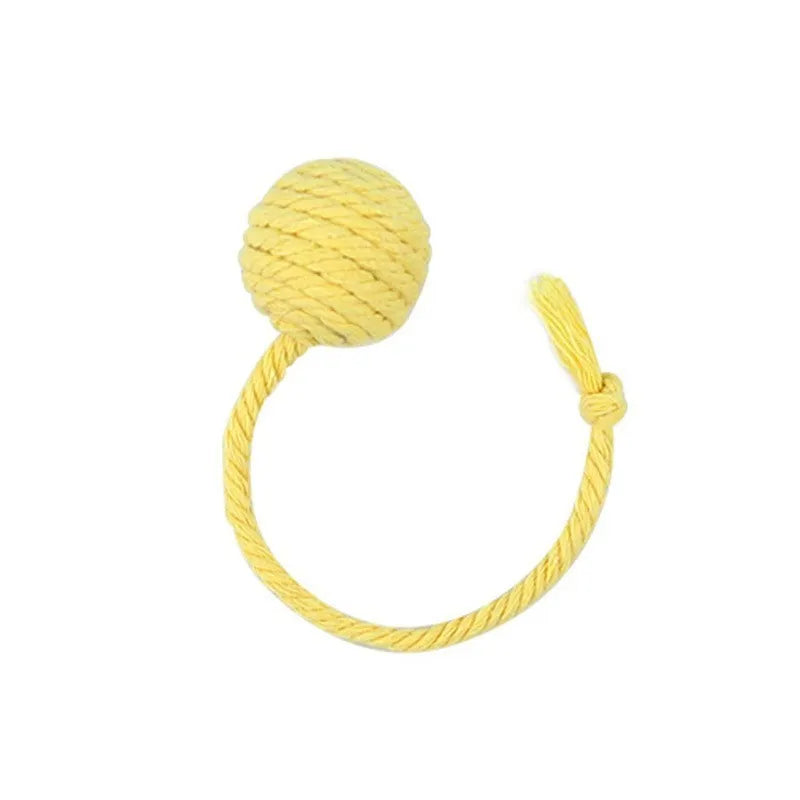 Colourful cat toy ball with rope handle and built-in bell for interactive play
