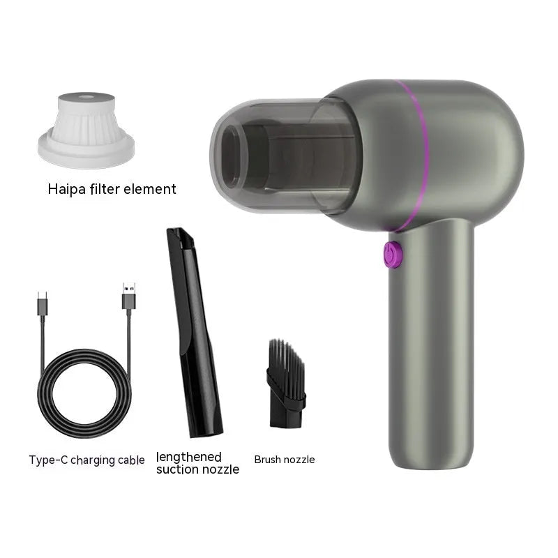 Grey handheld portable car vacuum cleaner and inflator with brush nozzle and extended nozzle
