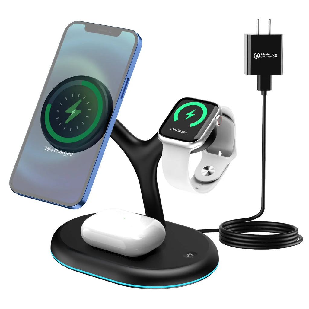 Black three-in-one magnetic wireless charger with ABS plastic casing on a desk.