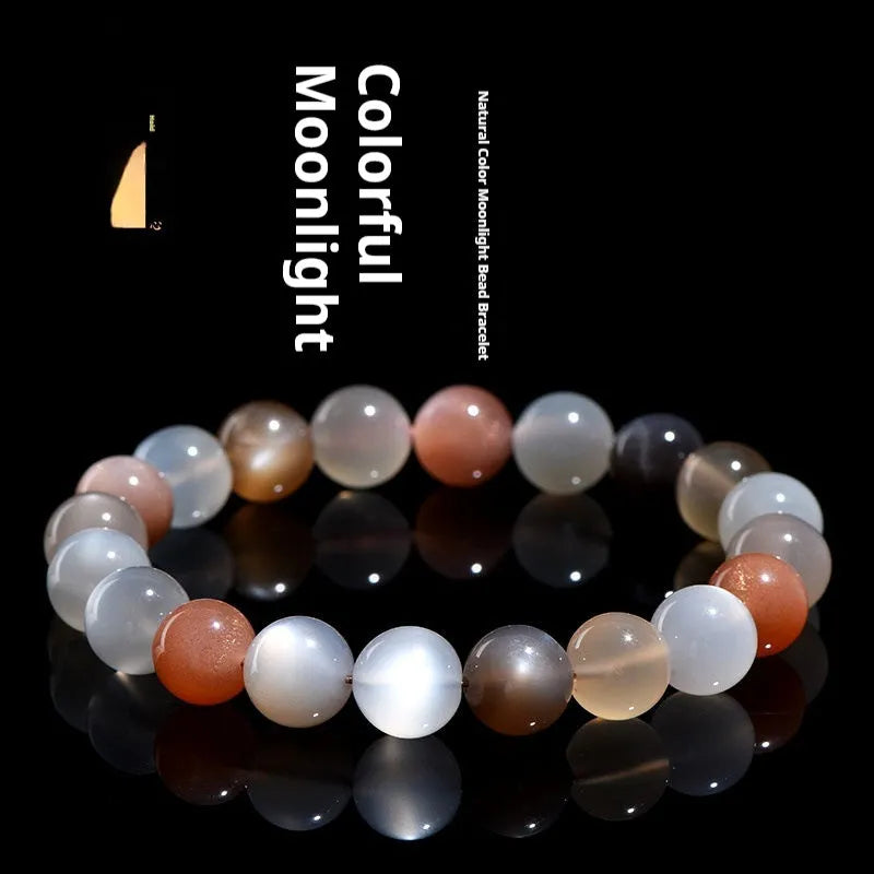 Natural moonstone bracelet with 8mm colourful moon light beads on wrist