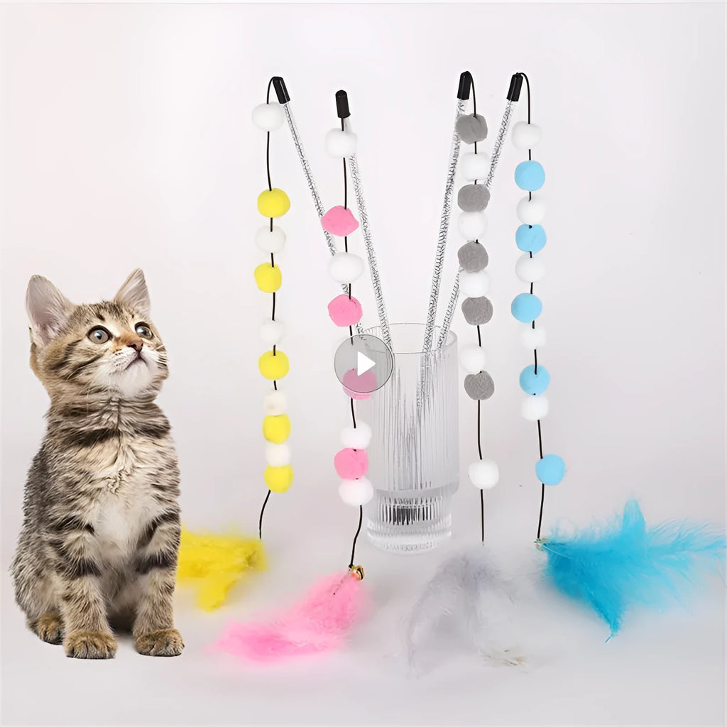 Grey, yellow and blue cat teaser rod with feathers, bell and acrylic pompons