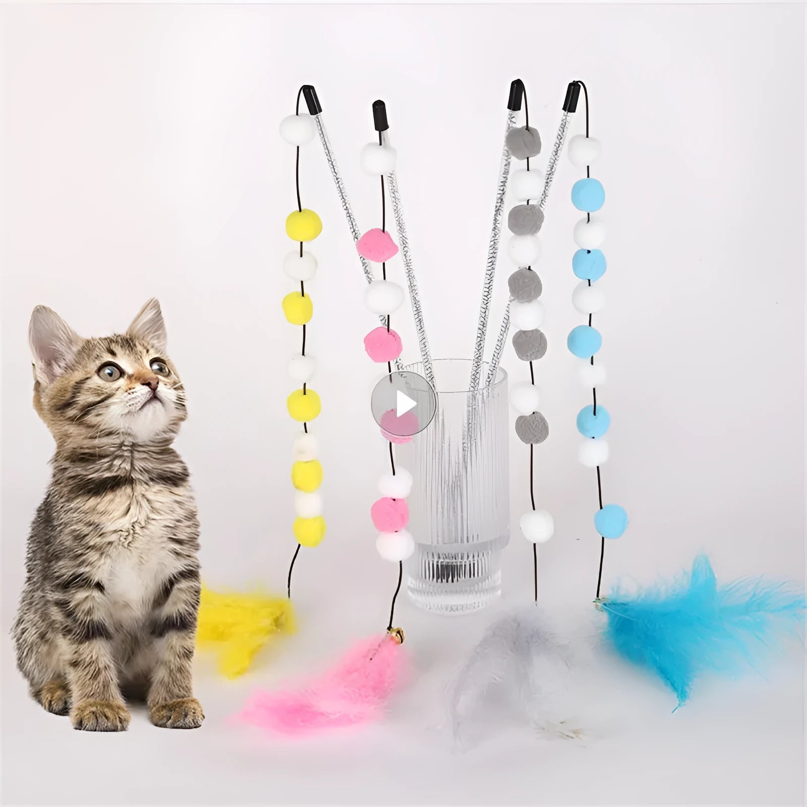 Grey, yellow and blue cat teaser rod with feathers, bell and acrylic pompons