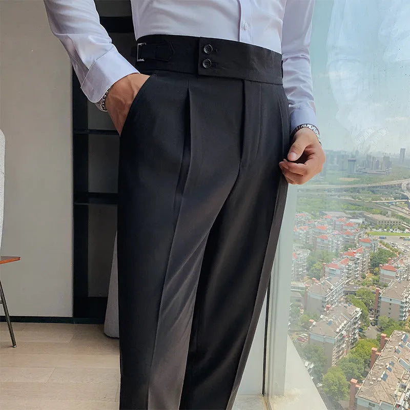 Straight leg casual trousers in solid colours on a hanger.