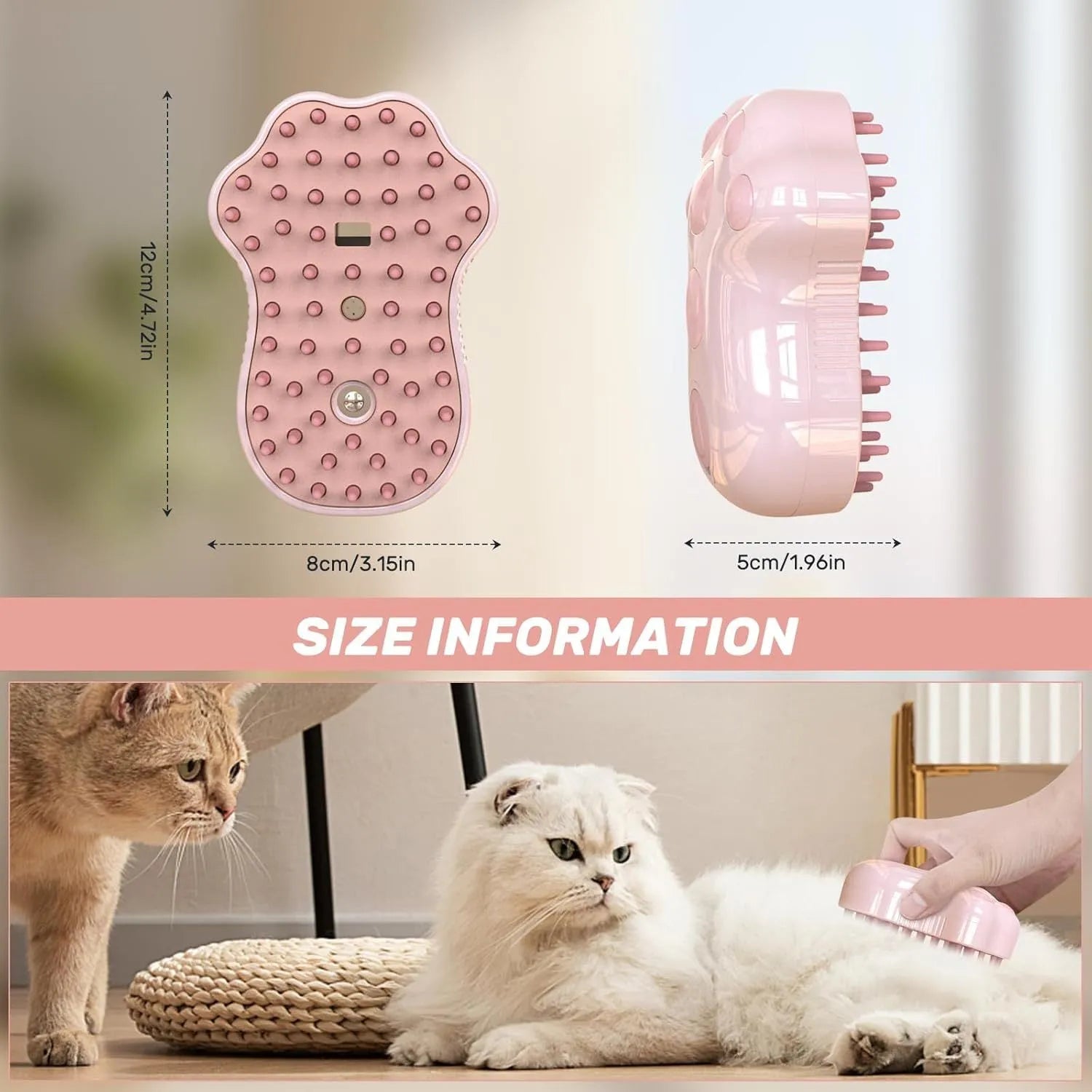Self-cleaning cat steam brush with blue light and release button for pet grooming