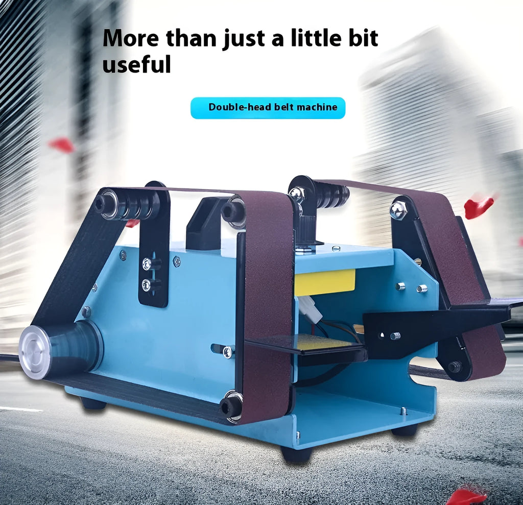 Blue desktop dual-axis belt sander with abrasive belt for knife sharpening and polishing.