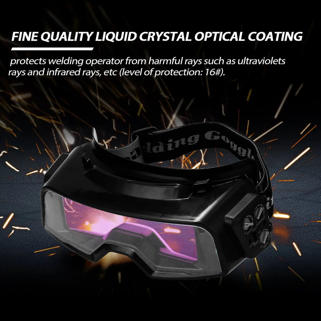 Black automatic darkening welding mask with a large rectangular LCD viewing lens.