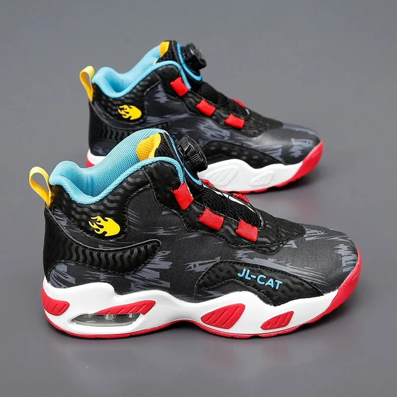 Children's basketball running shoes with rotating button closure in synthetic leather