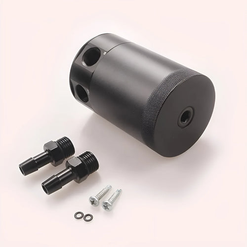 Black automotive aluminium oil pot with two-hole design and optional drain valve for workshop use