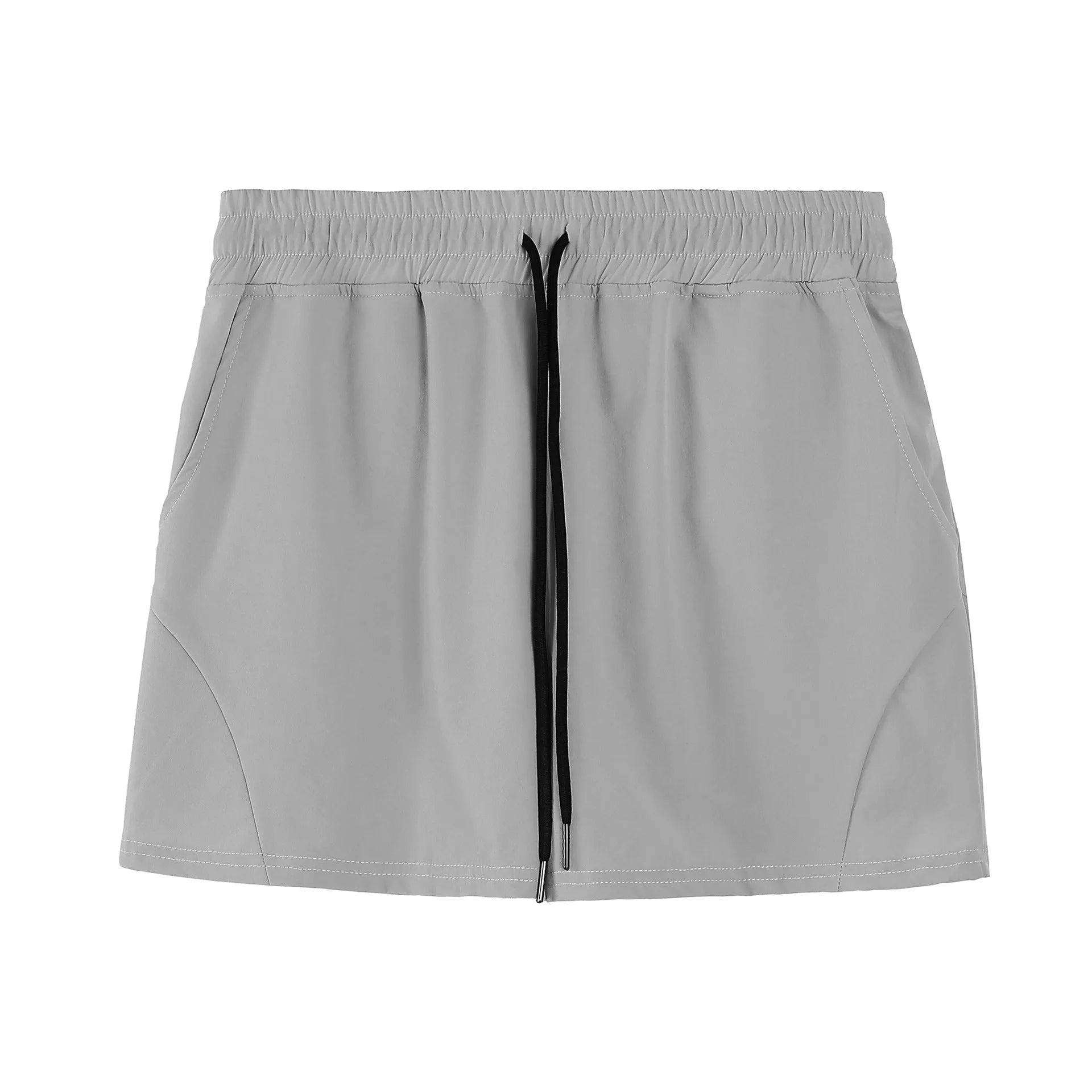 Men's thin grey polyester basketball shorts with an elastic waistband on a plain background