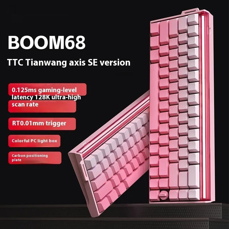 BOOM68 compact mechanical keyboard with RGB backlighting in Green Magic Blade colour scheme on a desk.