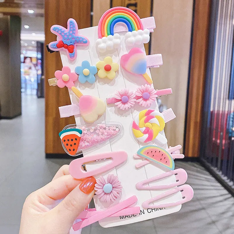 Colourful toddler hair accessories set with 14 pieces including rainbow barrettes, candy fruit pins, and butterfly clips