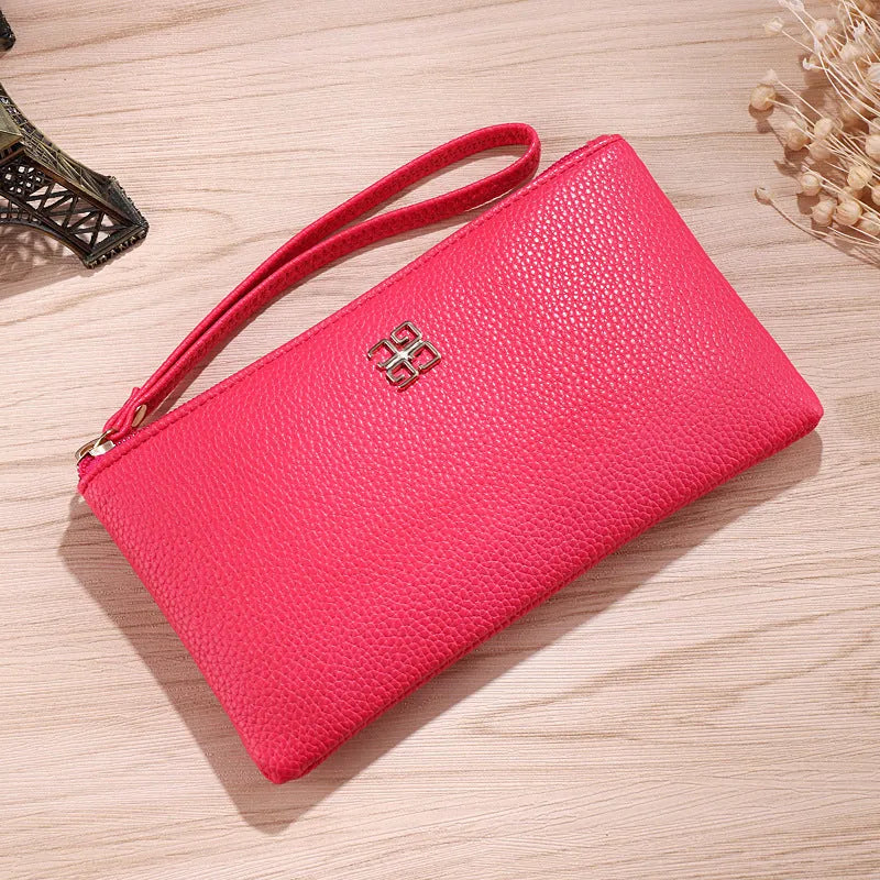 Long black PU leather phone wallet handbag with a zipper and sewing line detailing